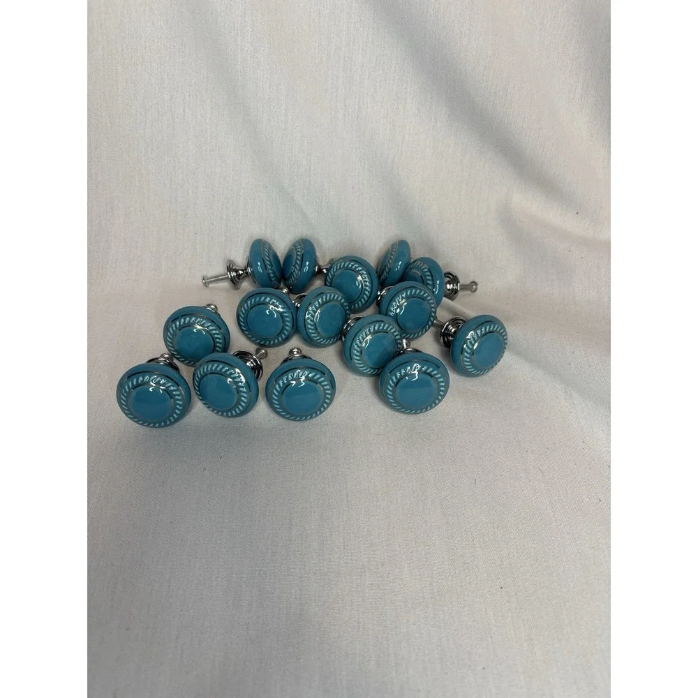 Set of 15 Blue & Gold Cabinet Knobs with Metal Hardware, approx 1.5 in Round